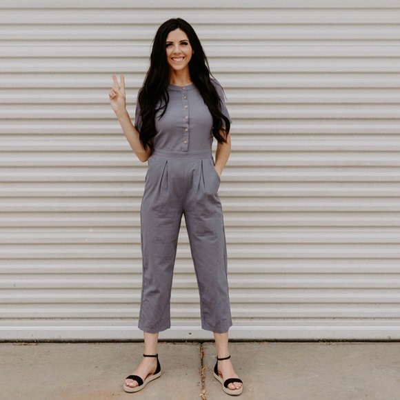 Short Sleeve Button Down Jumpsuit -Dusty Lavender - Picture 2 of 8